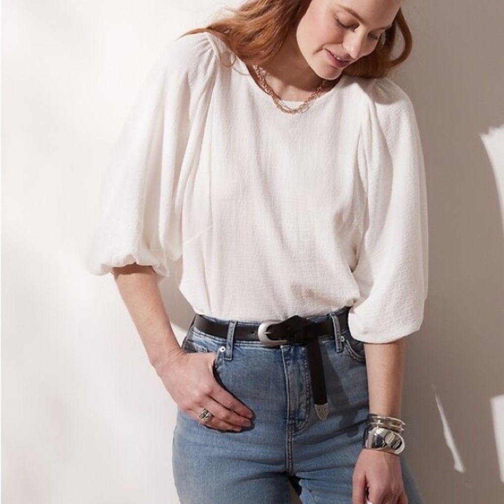 Banana Republic Factory White 3/4 Puff Sleeve Textured Blouse Top Snow Day Sz L